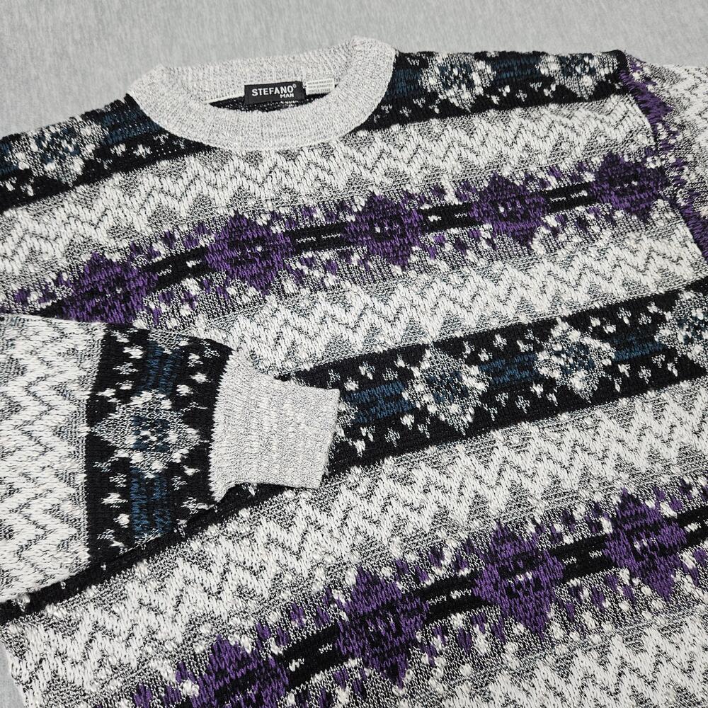Vintage Stefano Man Sweater Mens XL Black Purple Crewneck Knit Geometric